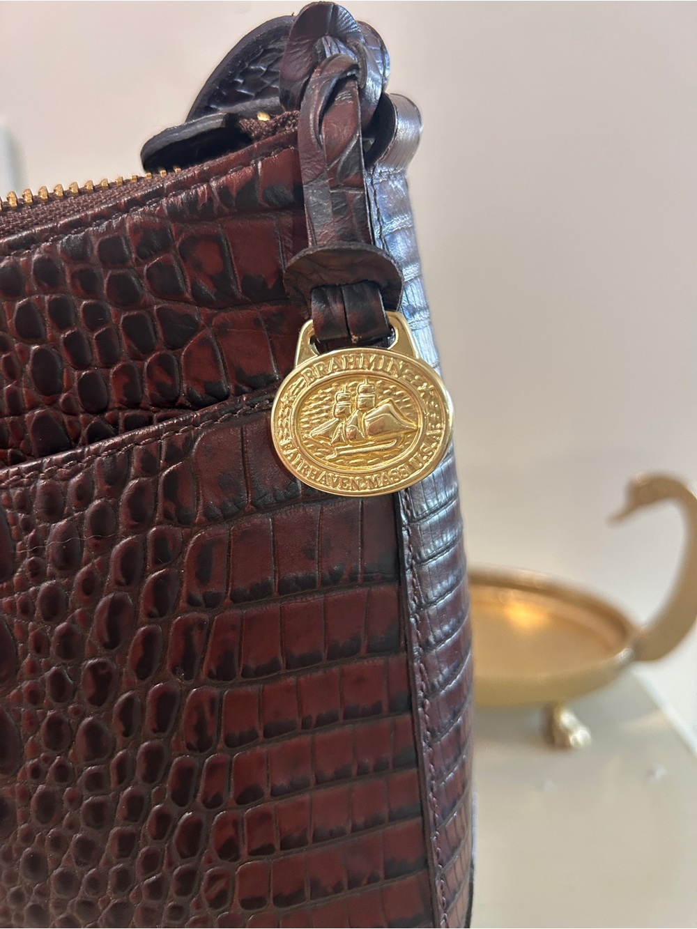 Brahmin Croc-Embossed Shoulder Bag in Deep Brown with Gold Accent - Picture 7 of 7